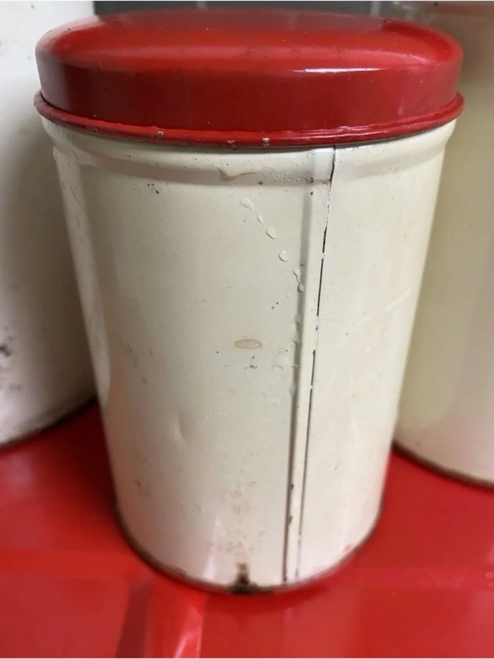 Vintage Strawberry Shabby Chic Hinged Red Metal Bread Box & Canister Set